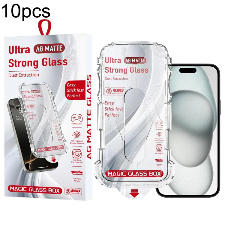For iPhone 16 / 15 10pcs Easy Install Dust-proof Box Frosted Tempered Glass Film