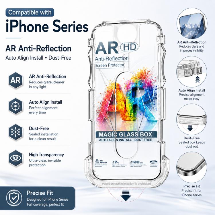 For iPhone 16 / 15 5pcs Easy Install Dust-proof Box AR HD Tempered Glass Film - Image 3