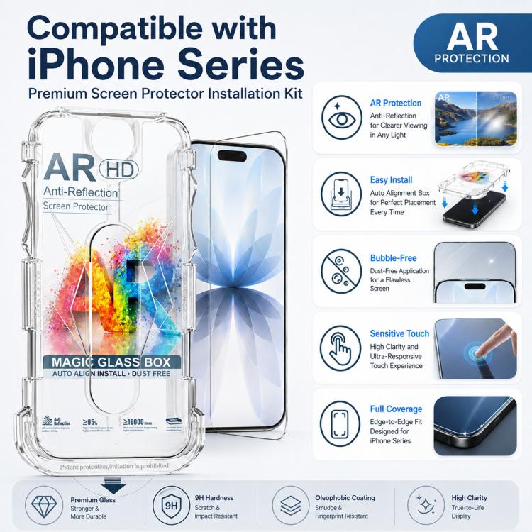 For iPhone 16 / 15 5pcs Easy Install Dust-proof Box AR HD Tempered Glass Film - Image 4