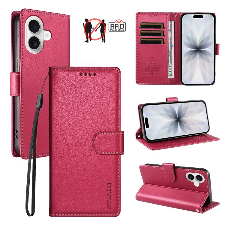 For iPhone 17 BETOPNICE Pearlescent RFID Vegan Leather Phone Case with Strap(Red)