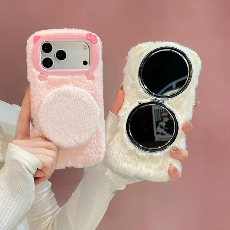For iPhone 17 Pro 3D Bow-Tie Cat Mirror Holder Plush Phone Case with Strap(Beige) - Image 2