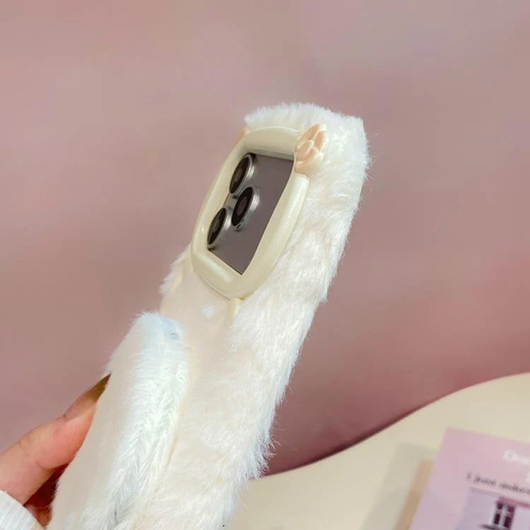 For iPhone 17 Pro 3D Bow-Tie Cat Mirror Holder Plush Phone Case with Strap(Beige) - Image 5