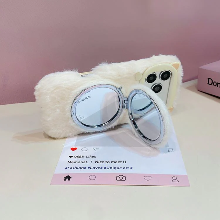 For iPhone 17 Pro Max 3D Bow-Tie Cat Mirror Holder Plush Phone Case with Strap(Pink) - Image 3