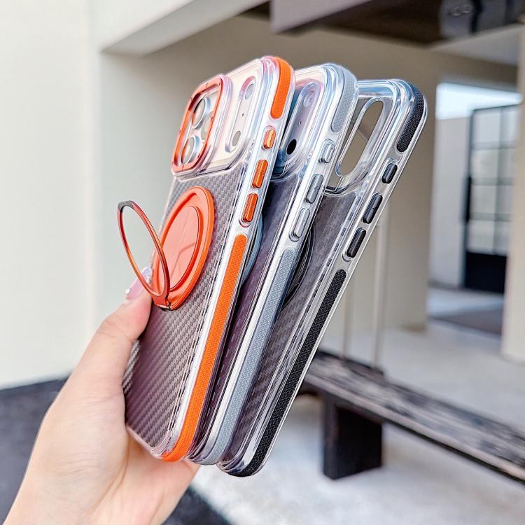 For iPhone 17 Pro Max Dual-Color Carbon Fiber Texture Rotation Holder Magnetic Phone Case(Orange) - Image 3