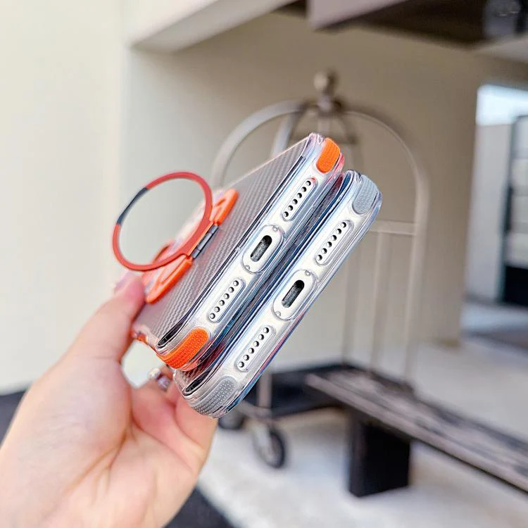 For iPhone 17 Pro Max Dual-Color Carbon Fiber Texture Rotation Holder Magnetic Phone Case(Orange) - Image 4