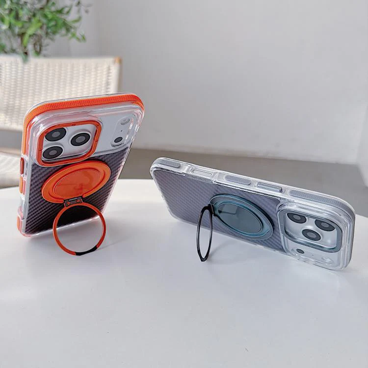 For iPhone 17 Pro Max Dual-Color Carbon Fiber Texture Rotation Holder Magnetic Phone Case(Orange) - Image 5