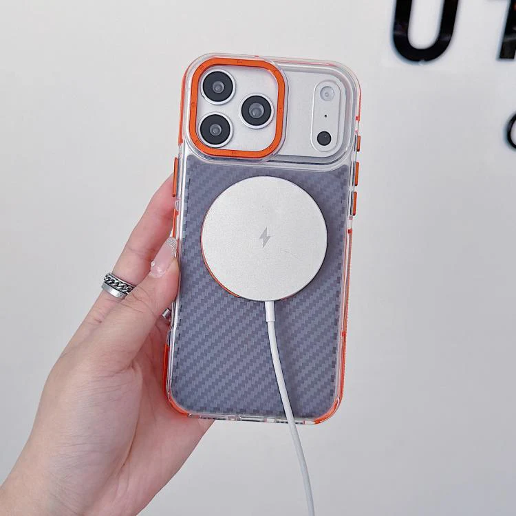 For iPhone 17 Pro Max Dual-Color Carbon Fiber Texture Rotation Holder Magnetic Phone Case(Orange) - Image 6