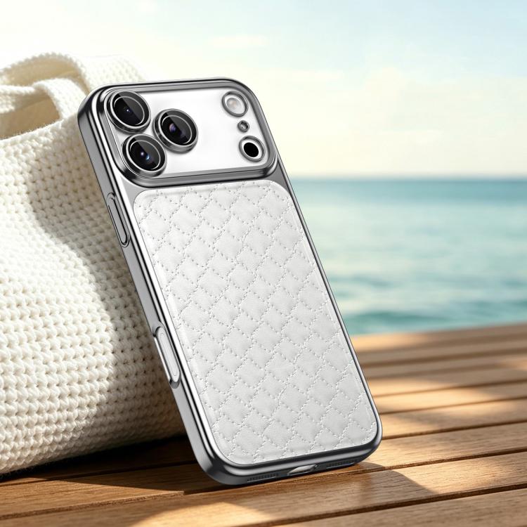 For iPhone 17 Pro Max Rhombus Texture Magnetic Vegan Leather Phone Case(White)