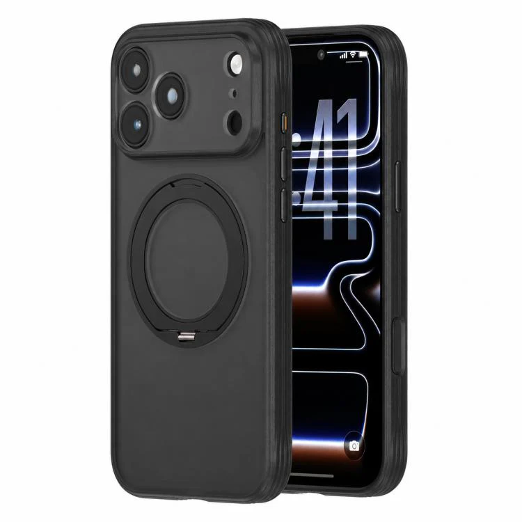 For iPhone 17 Pro Max Textured Non-slip Shockproof Magnetic Phone Case with Holder(Black)
