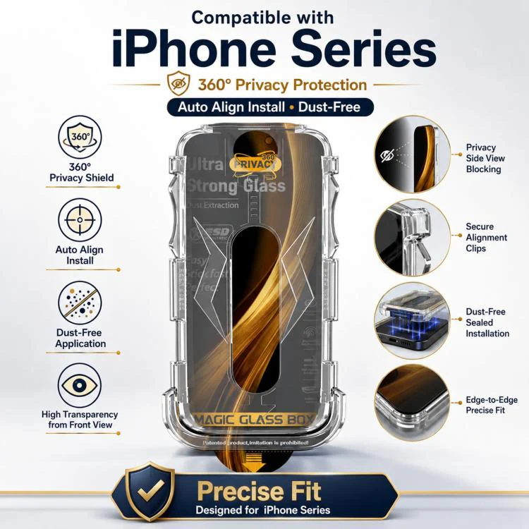 For iPhone 17e / 16e / 14 / 13 Pro 5pcs Easy Install Dust-proof Box 360 Privacy Tempered Glass Film - Image 3