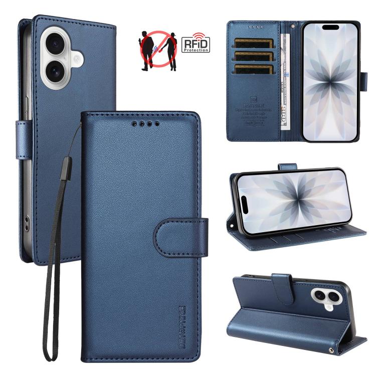 For iPhone 18 BETOPNICE Pearlescent RFID Vegan Leather Phone Case with Strap(Blue)