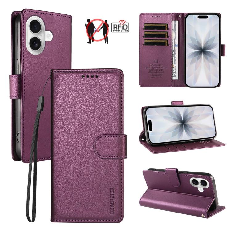 For iPhone 18 BETOPNICE Pearlescent RFID Vegan Leather Phone Case with Strap(Purple)
