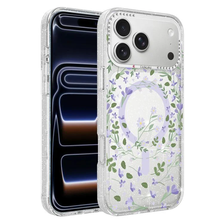 For iPhone 18 Pro Flower Pattern IMD Glitter Magnetic Phone Case(Purple Ivy)