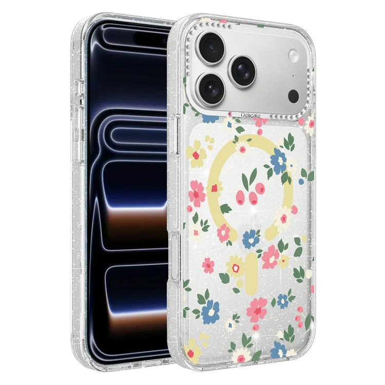 For iPhone 18 Pro Flower Pattern IMD Glitter Magnetic Phone Case(Rainbow Flower Field)