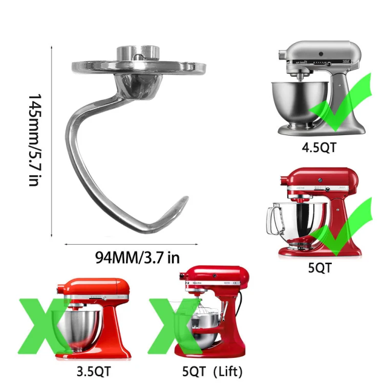For KitchenAid Stand Mixer 5QT Dough Hook Stainless Steel Accessories - Image 2