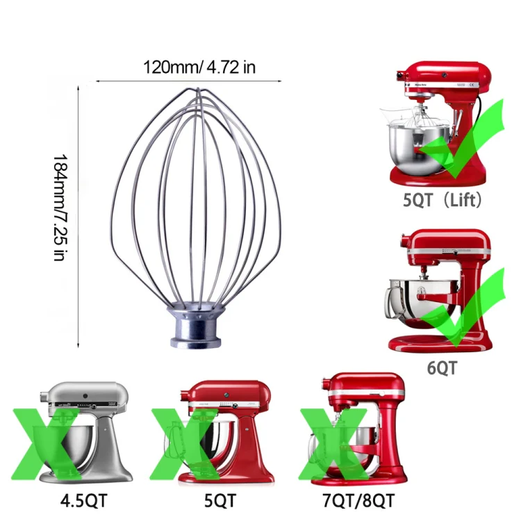 For KitchenAid Stand Mixer 6QT Whip Whisk  Stainless Steel Accessories - Image 2