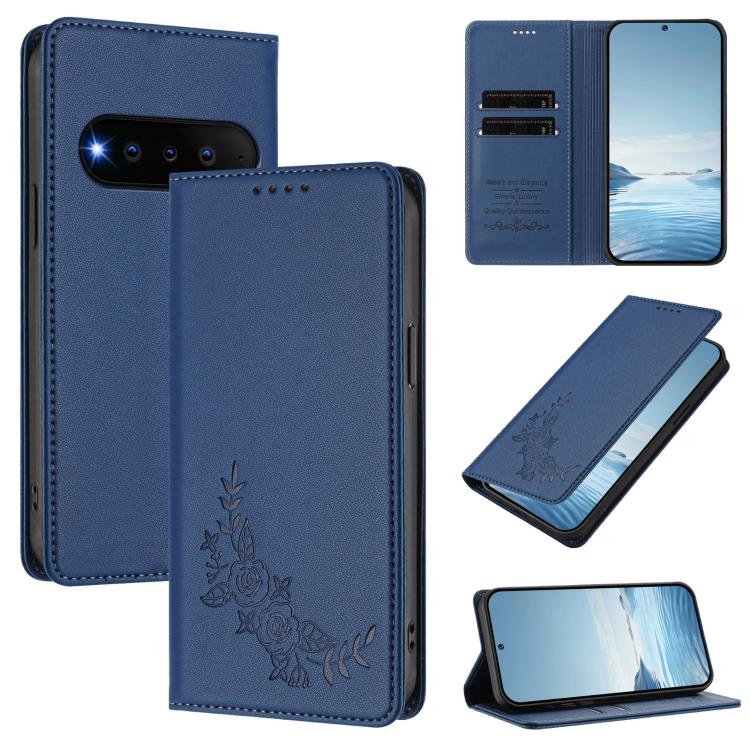 For Natural Ai Phone 5G Peony Embossed Magnetic RFID Vegan Leather Phone Case(Dark Blue)