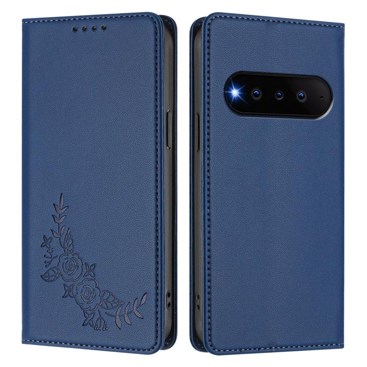 For Natural Ai Phone 5G Peony Embossed Magnetic RFID Vegan Leather Phone Case(Dark Blue) - Image 2
