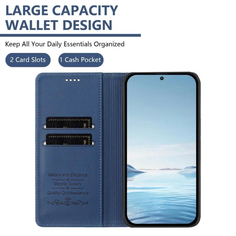 For Natural Ai Phone 5G Peony Embossed Magnetic RFID Vegan Leather Phone Case(Dark Blue) - Image 3