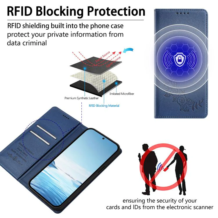 For Natural Ai Phone 5G Peony Embossed Magnetic RFID Vegan Leather Phone Case(Dark Blue) - Image 4