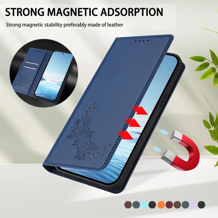 For Natural Ai Phone 5G Peony Embossed Magnetic RFID Vegan Leather Phone Case(Dark Blue) - Image 5