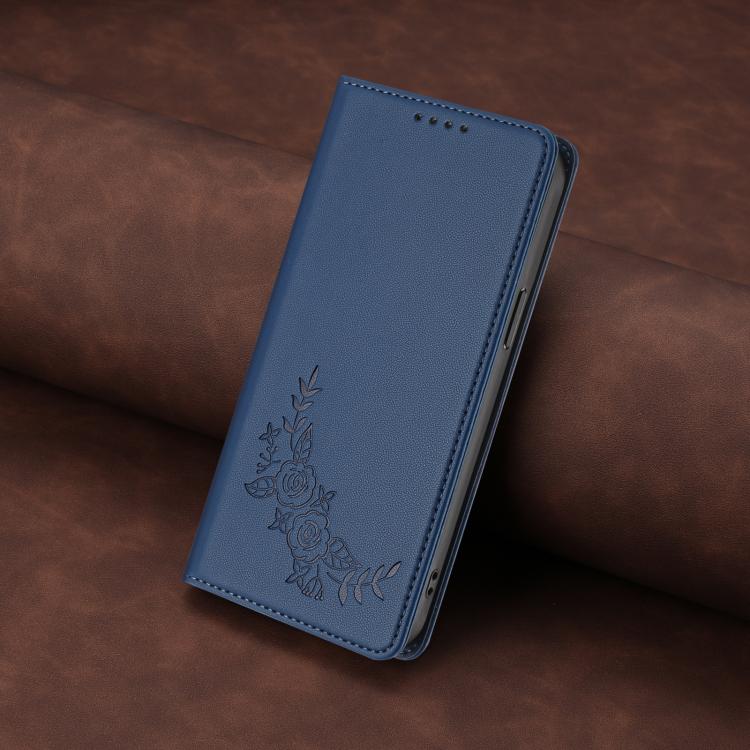 For Natural Ai Phone 5G Peony Embossed Magnetic RFID Vegan Leather Phone Case(Dark Blue) - Image 7