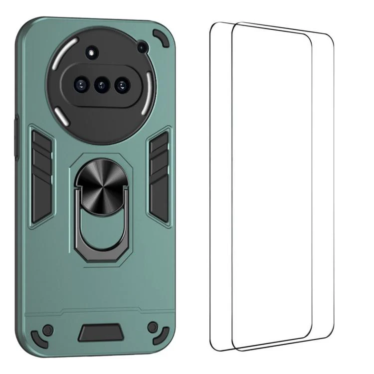 For Nothing Phone 3a WANLONFENG Armor Kickstand Shockproof Phone Case with 2pcs Screen Films(Green)