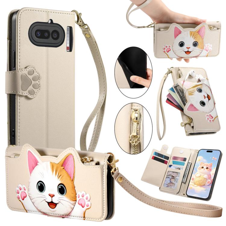For Nothing Phone 4a Cat-shaped Zipper Wallet Vegan Leather Phone Case with Strap(Beige)