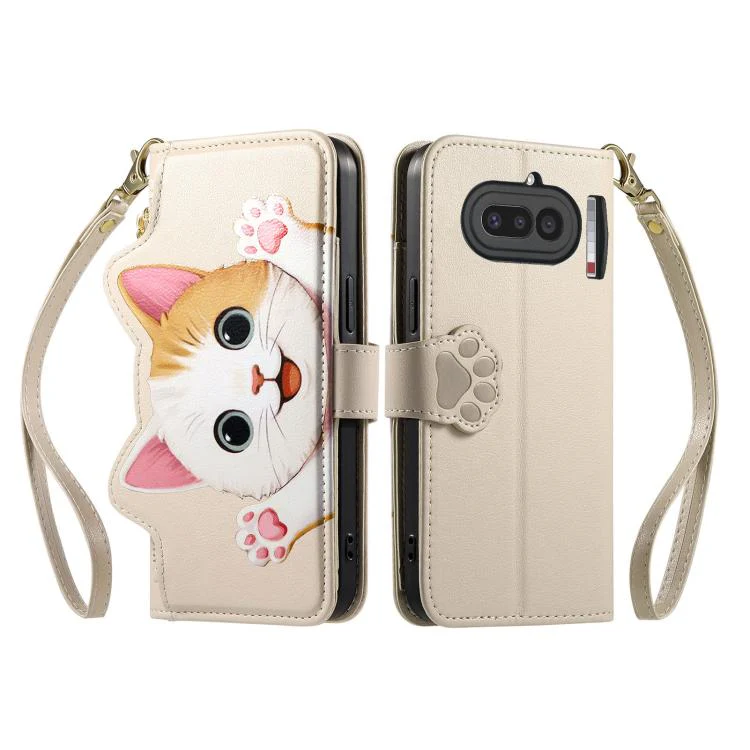 For Nothing Phone 4a Cat-shaped Zipper Wallet Vegan Leather Phone Case with Strap(Beige) - Image 2
