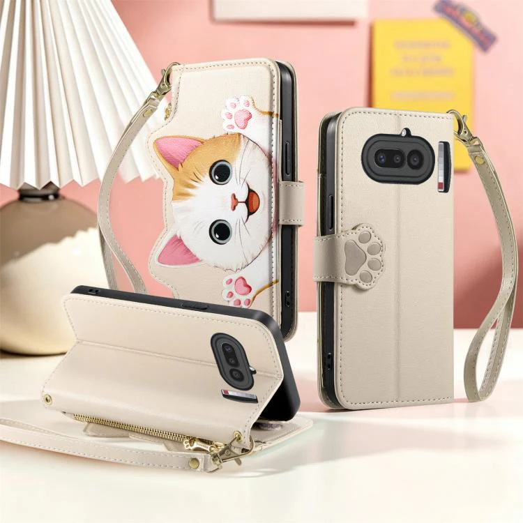 For Nothing Phone 4a Cat-shaped Zipper Wallet Vegan Leather Phone Case with Strap(Beige) - Image 6