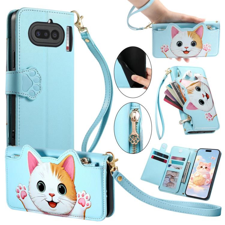 For Nothing Phone 4a Cat-shaped Zipper Wallet Vegan Leather Phone Case with Strap(Blue)