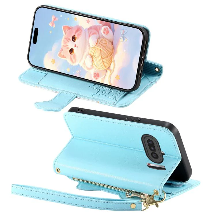 For Nothing Phone 4a Cat-shaped Zipper Wallet Vegan Leather Phone Case with Strap(Blue) - Image 3