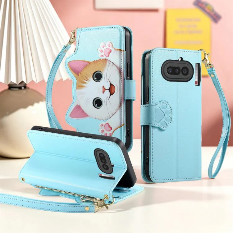 For Nothing Phone 4a Cat-shaped Zipper Wallet Vegan Leather Phone Case with Strap(Blue) - Image 6