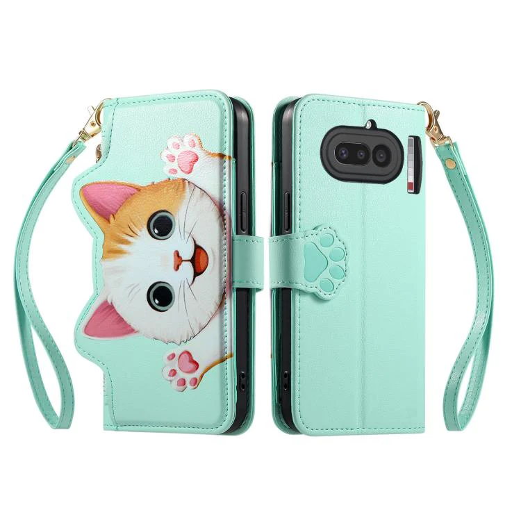 For Nothing Phone 4a Cat-shaped Zipper Wallet Vegan Leather Phone Case with Strap(Green) - Image 2