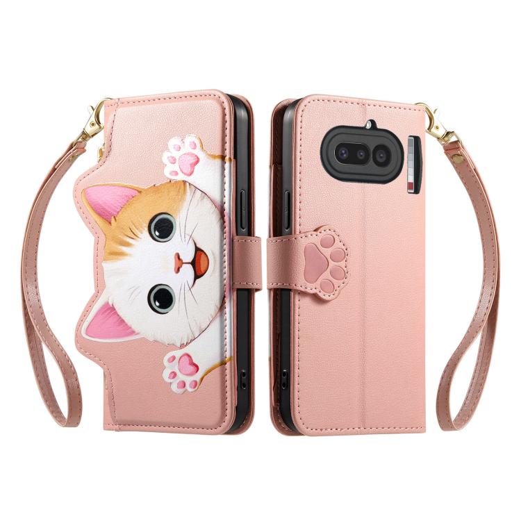 For Nothing Phone 4a Cat-shaped Zipper Wallet Vegan Leather Phone Case with Strap(Pink) - Image 2