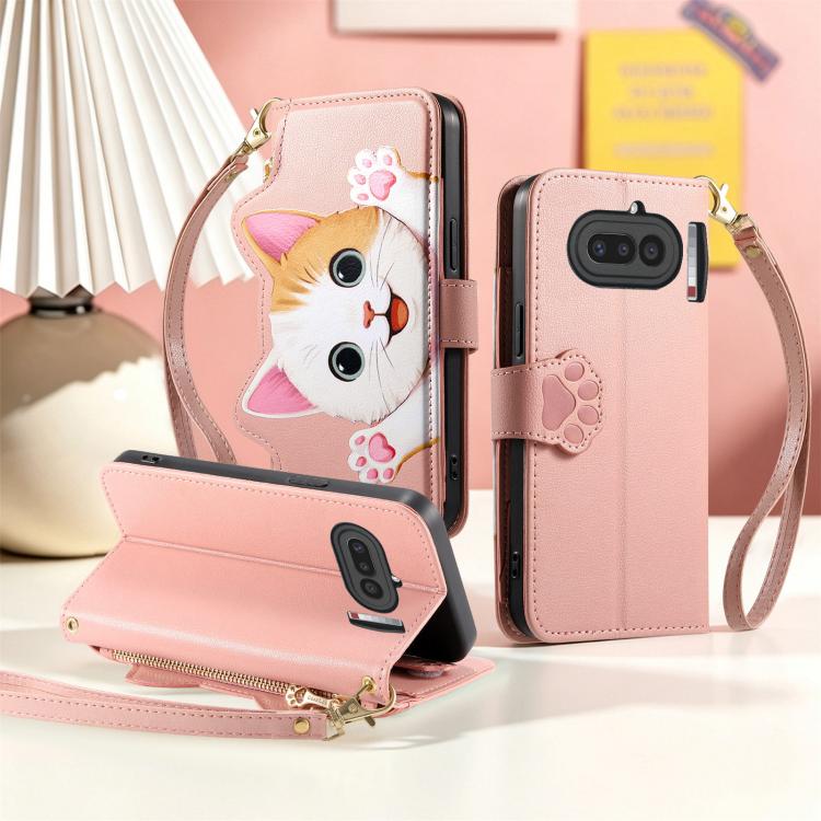 For Nothing Phone 4a Cat-shaped Zipper Wallet Vegan Leather Phone Case with Strap(Pink) - Image 6