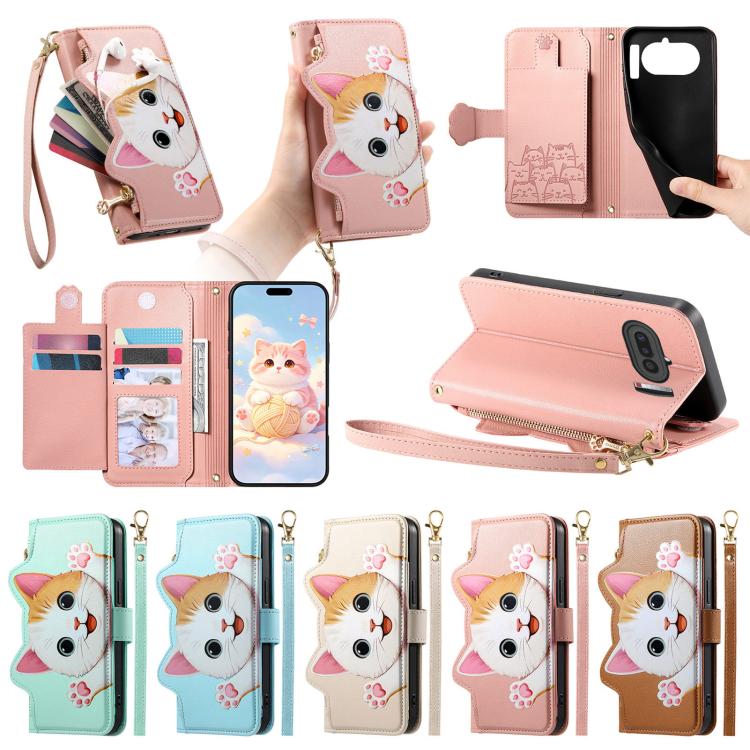 For Nothing Phone 4a Cat-shaped Zipper Wallet Vegan Leather Phone Case with Strap(Pink) - Image 8