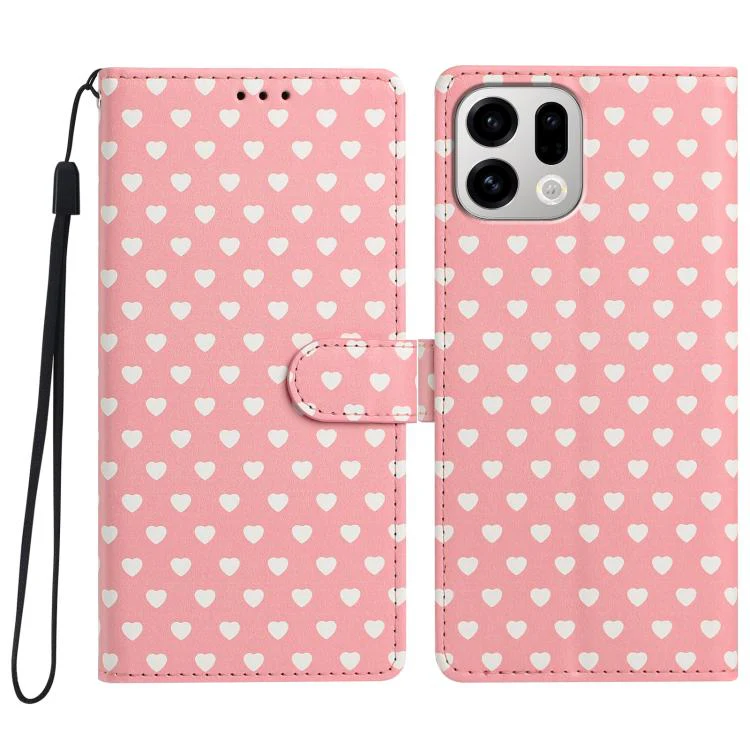 For OPPO Find X9 Hearts Pattern Buckle Vegan Leather Phone Case with Strap(Pink Hearts)