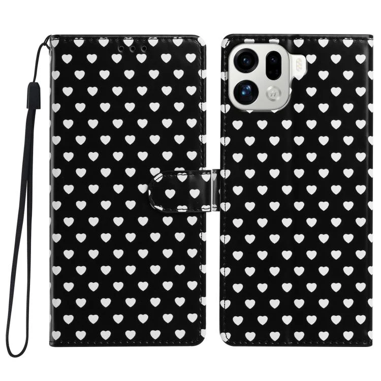 For OPPO Find X9 Pro Hearts Pattern Buckle Vegan Leather Phone Case with Strap(Black Hearts)