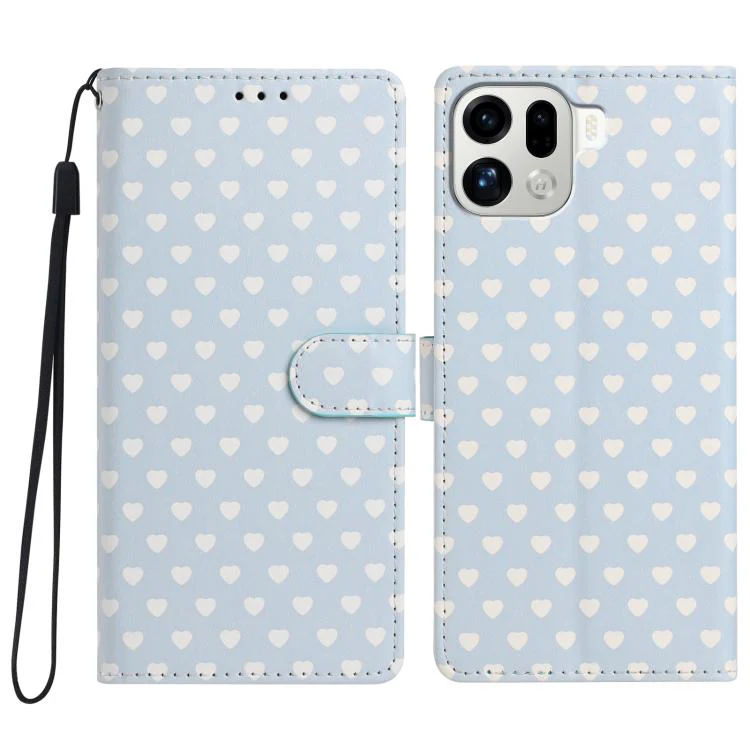 For OPPO Find X9 Pro Hearts Pattern Buckle Vegan Leather Phone Case with Strap(Blue Hearts)