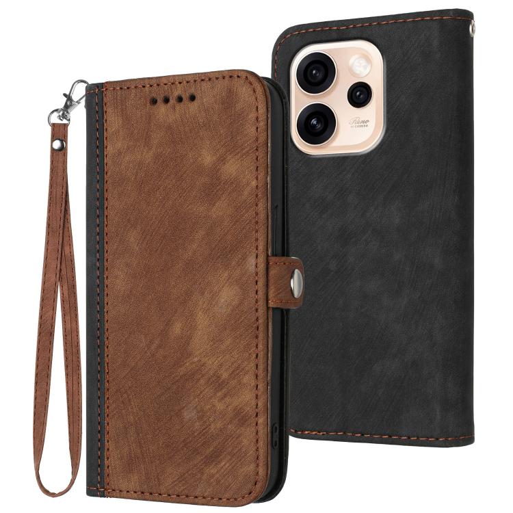 For OPPO Reno15 5G Global Side Buckle Double Fold Hand Strap Leather Phone Case(Brown)