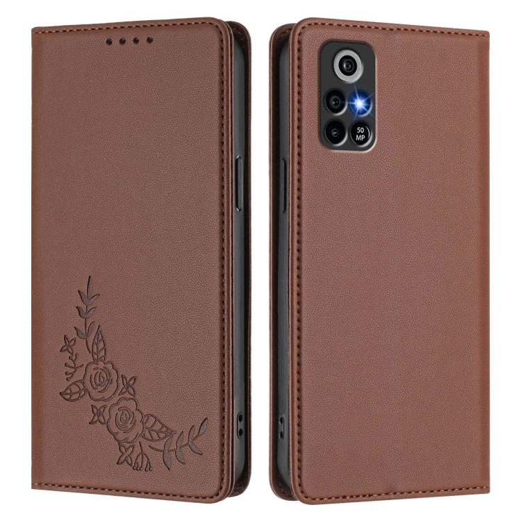 For Orbic Trophy 5G Verizon Peony Embossed Magnetic RFID Vegan Leather Phone Case(Brown) - Image 2