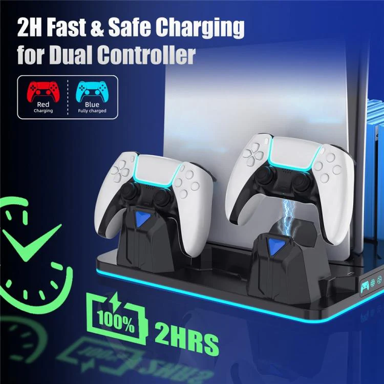 For PS5 / PS5 Slim / PS5 Pro Cooling Stand Dual Controller Charging Station Game Storage Rack(Black) - Image 3