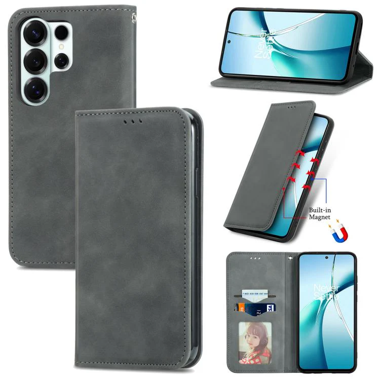 For Galaxy S26 Ultra 5G Retro Skin Feel Magnetic Leather Phone Case(Gray)