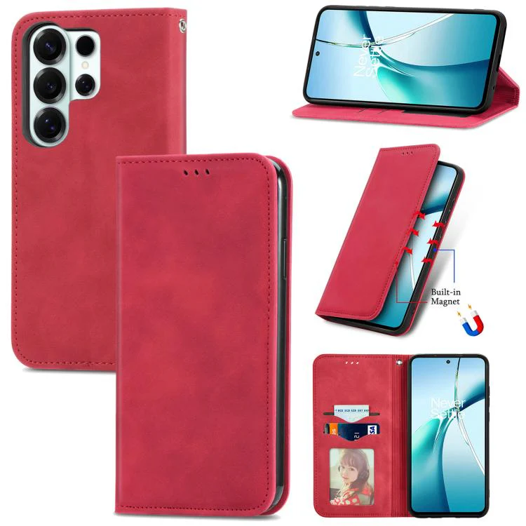 For Galaxy S26 Ultra 5G Retro Skin Feel Magnetic Leather Phone Case(Red)