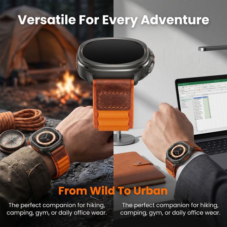 For Samsung Galaxy Watch Ultra 47mm / Ultra 2025 Retro Vegan Leather Label Alpine Nylon Loop Watch Band(Black) - Image 6