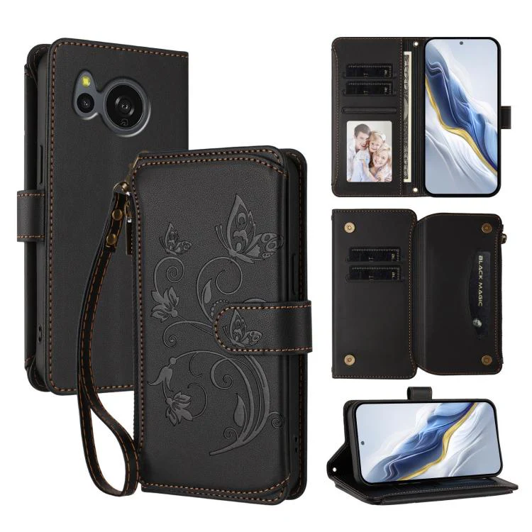 For Sharp Aquos Sense8 Butterfly Love Flower Multi-card Zipper Wallet Leather Phone Case(Black)