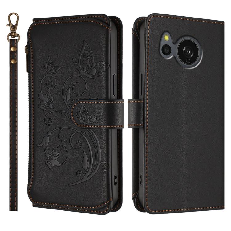 For Sharp Aquos Sense8 Butterfly Love Flower Multi-card Zipper Wallet Leather Phone Case(Black) - Image 2