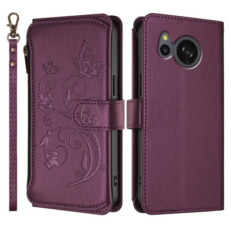 For Sharp Aquos Sense8 Butterfly Love Flower Multi-card Zipper Wallet Leather Phone Case(Dark Purple) - Image 2