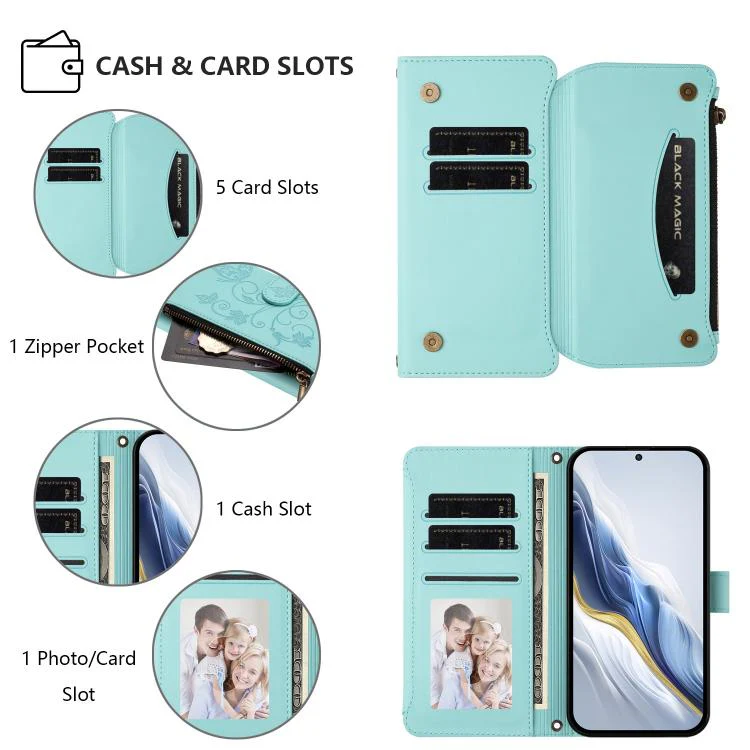 For Sharp Aquos Sense8 Butterfly Love Flower Multi-card Zipper Wallet Leather Phone Case(Mint Green) - Image 3